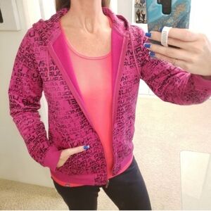 Under Armour Full Zip Hooded Sweatshirt Logo Print Pink & Black Size Medium